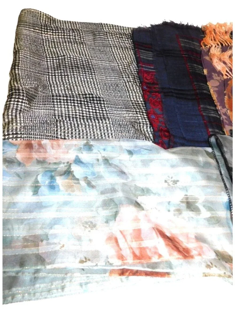 Assorted Womens Scarves Lot Of 5 Floral Plaid Designs Fringe Burnout 52
